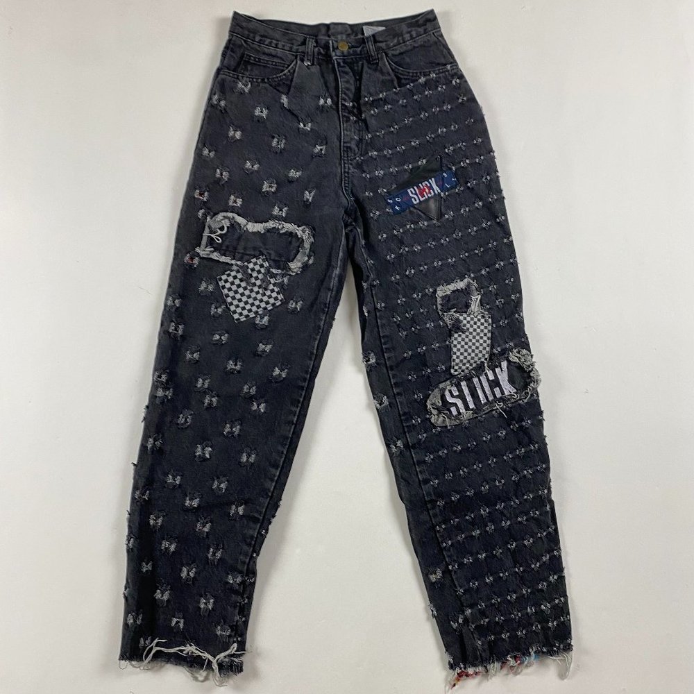 Vintage 80s 90s Slick Production Jeans 28 x 29 1/2 Textured Black Grunge Skater